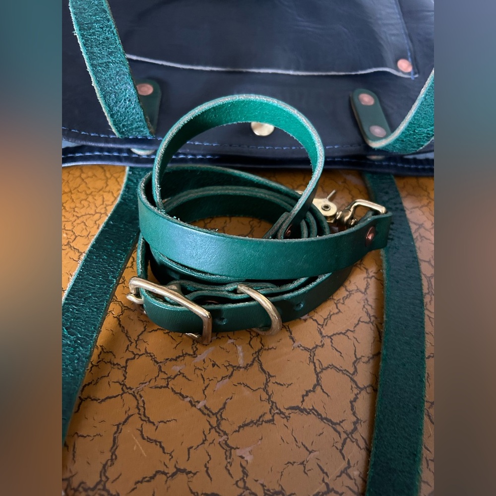 Black Leather Tote with Green Strap - Classic Everyday Bag - Picture 6 of 7